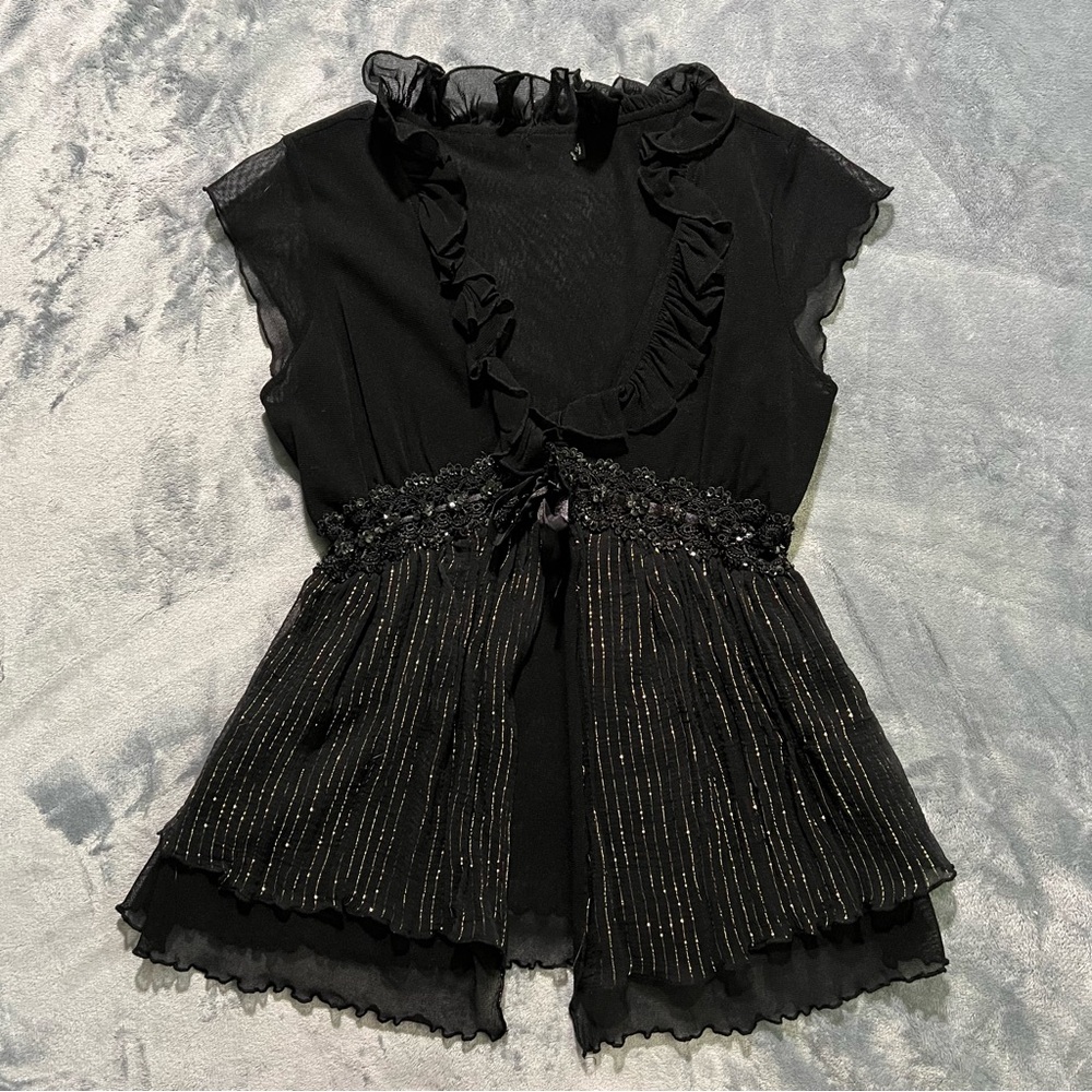 Black Ruffled Top with Gold Accents